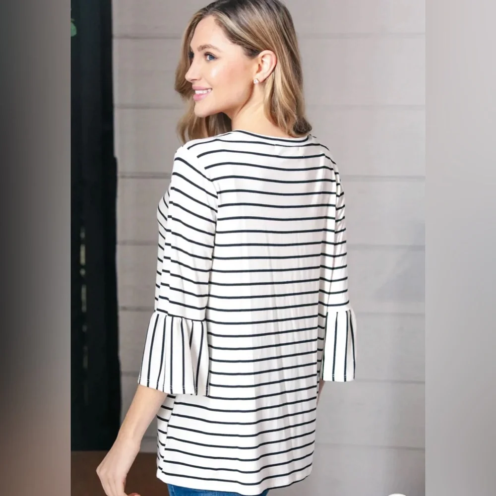 PLUS Ivory Black Neck Yarn Dye Stripe Elbow Bell Sleeve Top - Picture 3 of 7